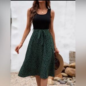 SHEIN black and green Colorblock Belted A-line Dress Size Med VGUC